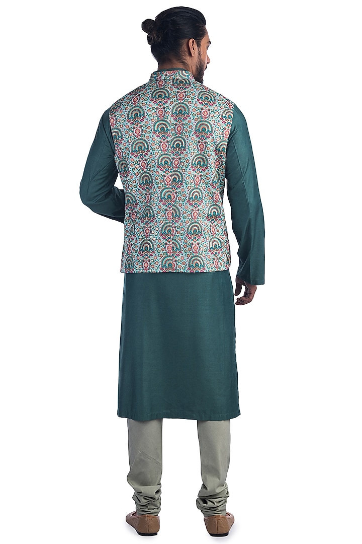 Turquoise Embroidered Kurta Set With Bundi Jacket by Poonam Kasera at Pernia's Pop Up Shop
