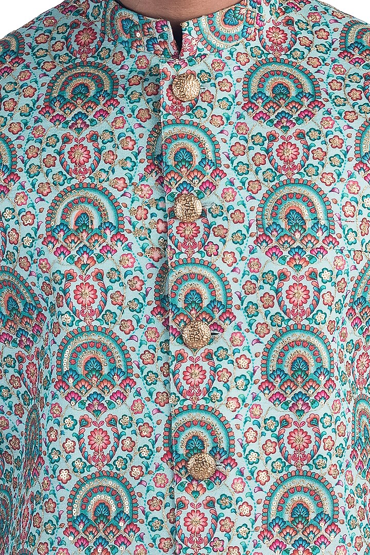 Turquoise Embroidered Kurta Set With Bundi Jacket by Poonam Kasera at Pernia's Pop Up Shop