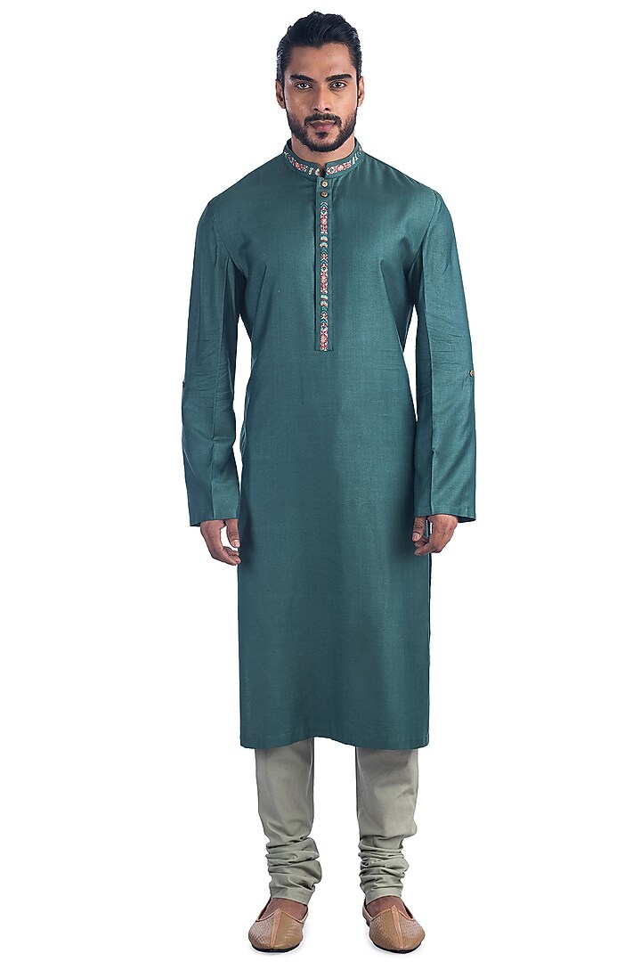 Turquoise Embroidered Kurta Set With Bundi Jacket by Poonam Kasera at Pernia's Pop Up Shop