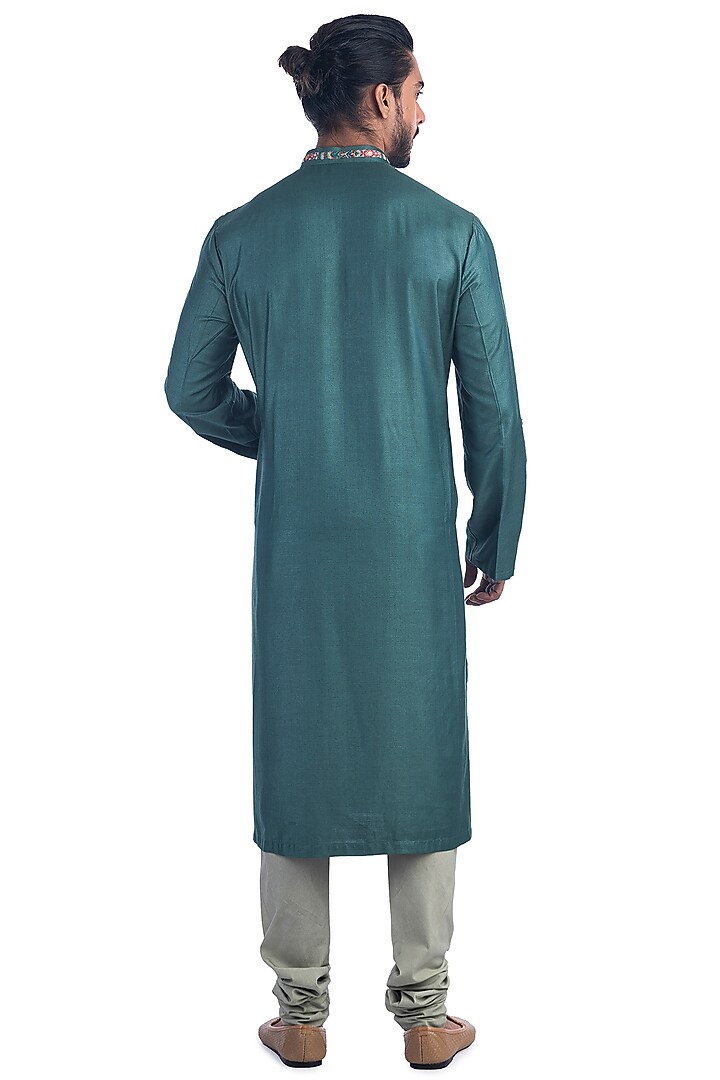 Turquoise Embroidered Kurta Set With Bundi Jacket by Poonam Kasera at Pernia's Pop Up Shop