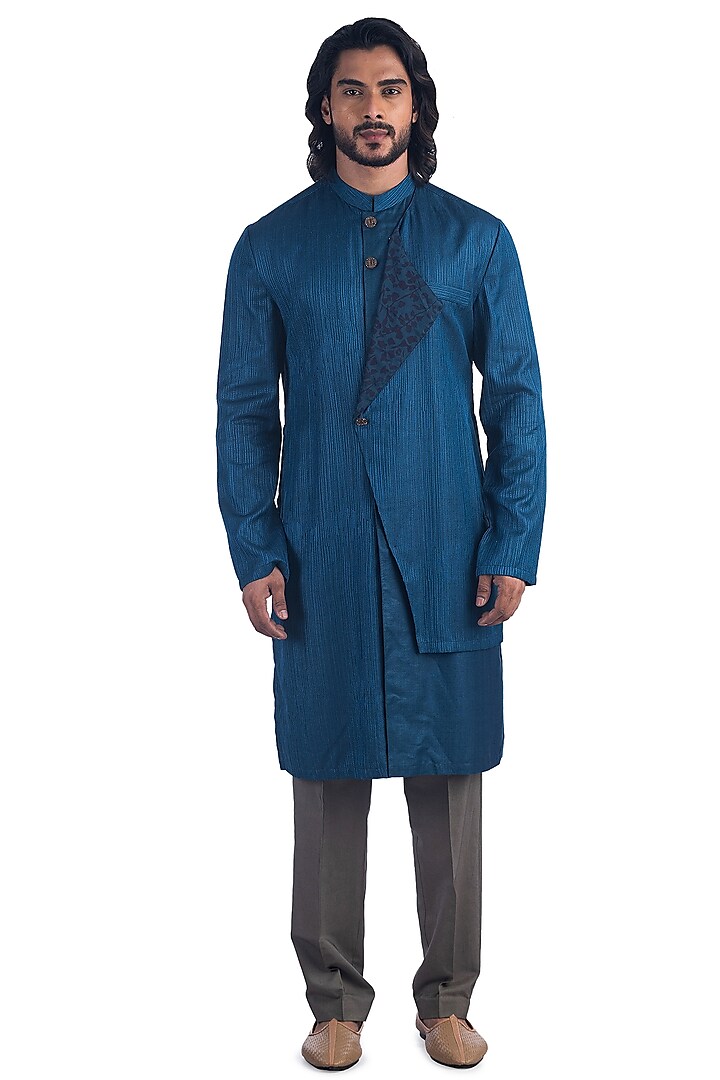 Blue Silk Layered Kurta Set by Poonam Kasera