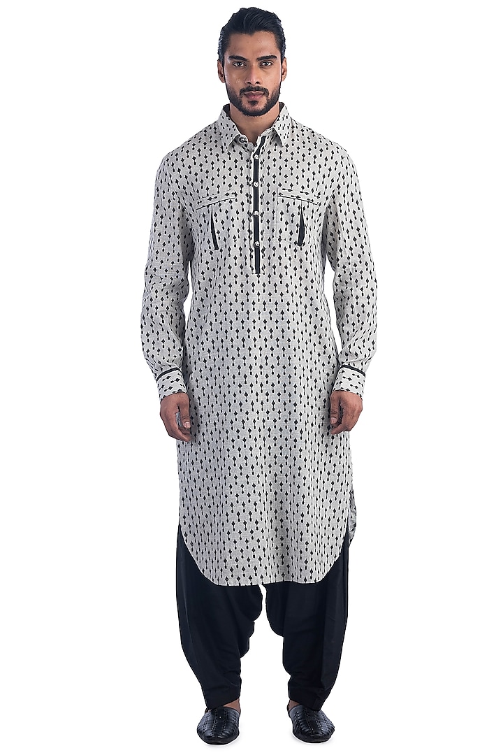 Grey Cotton Pathani Kurta Set by Poonam Kasera