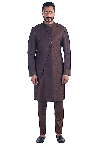 Wine Embroidered Achkan Jacket Set by Poonam Kasera