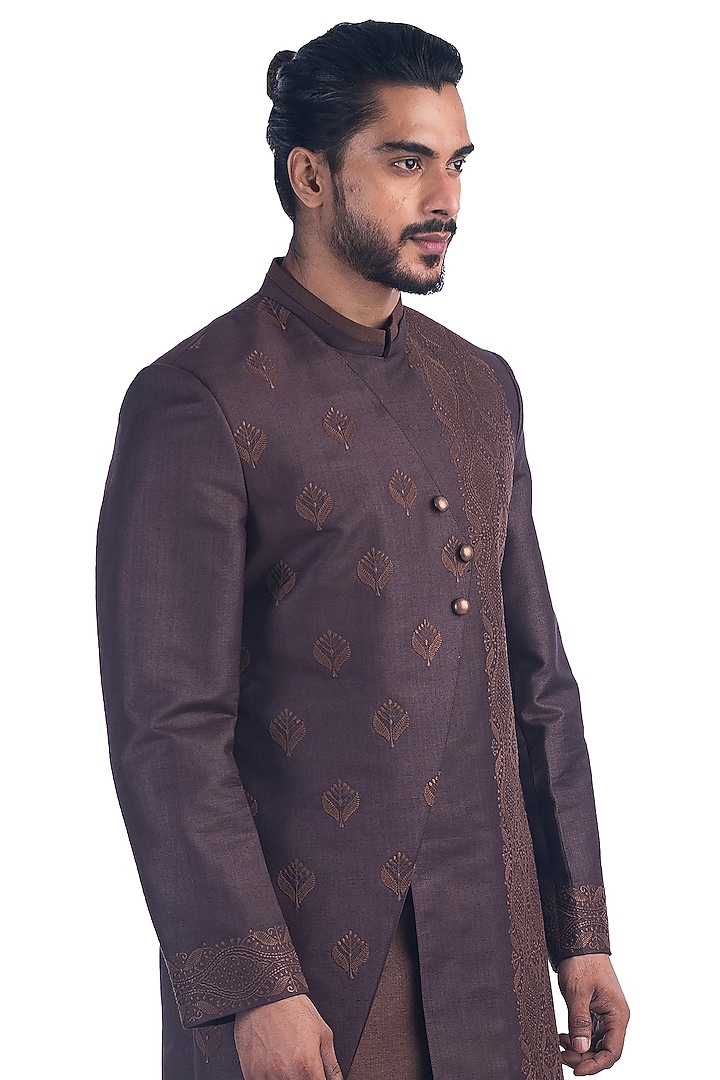 Wine Embroidered Achkan Jacket Set by Poonam Kasera at Pernia's Pop Up Shop