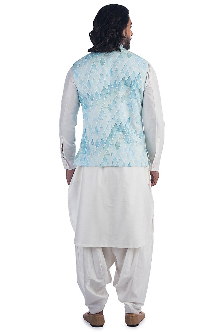 Aqua Printed Bundi Jacket With Kurta Set by Poonam Kasera at Pernia's Pop Up Shop