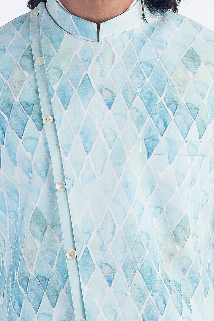 Aqua Printed Bundi Jacket With Kurta Set by Poonam Kasera at Pernia's Pop Up Shop