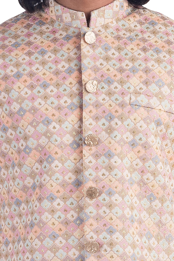 Pastel Peach Embroidered Bundi Jacket With Kurta Set by Poonam Kasera at Pernia's Pop Up Shop