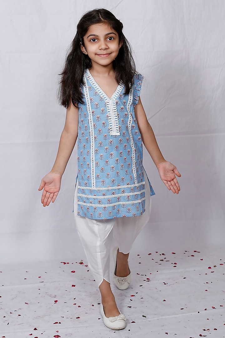 Coablt Blue Cotton Hand Block Printed Kurta Set For Girls by Pankhuri by Priyanka - Kids at Pernia's Pop Up Shop