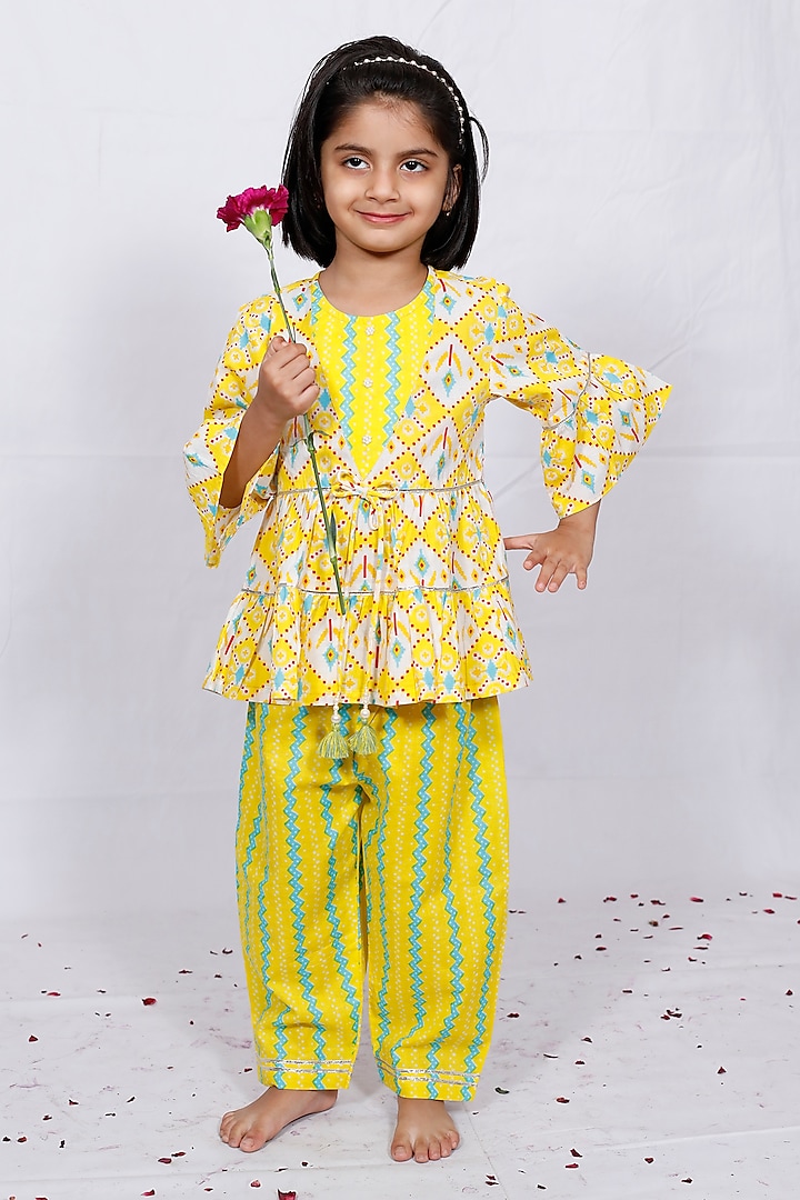 Lime Cotton Printed Peplum Kurta Set For Girls by Pankhuri by Priyanka - Kids at Pernia's Pop Up Shop