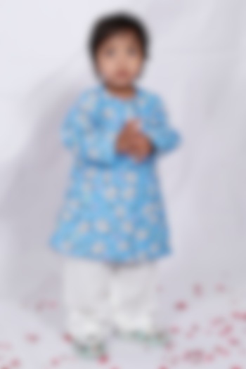 Blue Cotton Printed Kurta Set For Boys by Pankhuri by Priyanka - Kids