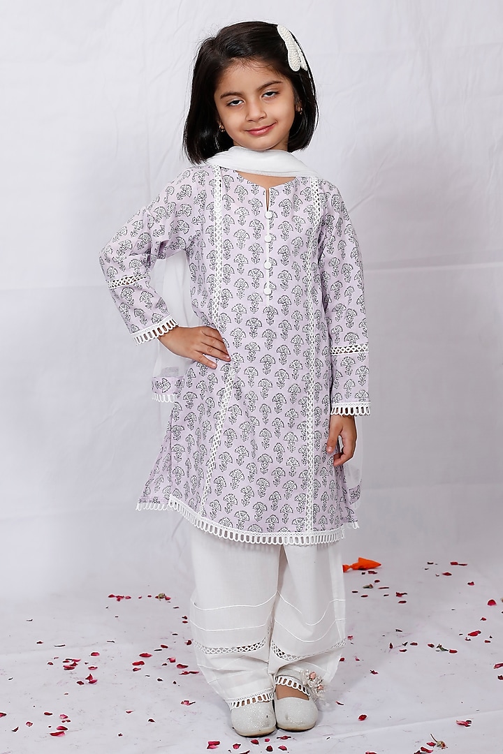 Purple Cotton Hand Block Printed Kurta Set For Girls by Pankhuri by Priyanka - Kids at Pernia's Pop Up Shop