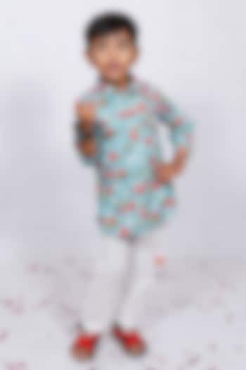 Turquoise Cotton Printed Kurta Set For Boys by Pankhuri by Priyanka - Kids at Pernia's Pop Up Shop