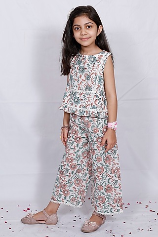 White Cotton Block Printed Palazzo Pant Set For Girls by Pankhuri by Priyanka - Kids