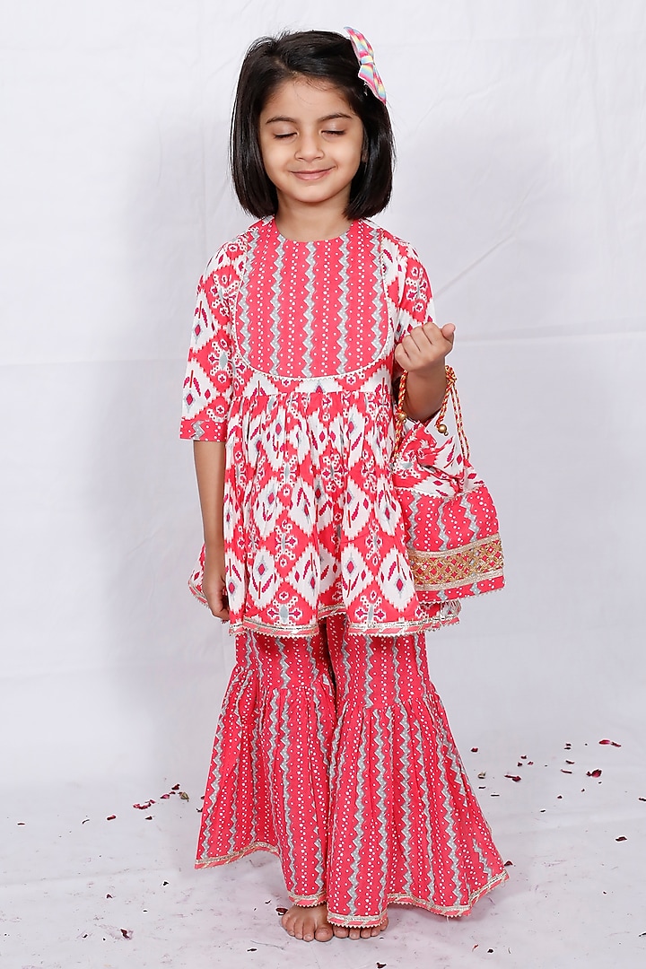 Red Cambric Cotton Printed Gharara Set For Girls by Pankhuri by Priyanka - Kids at Pernia's Pop Up Shop