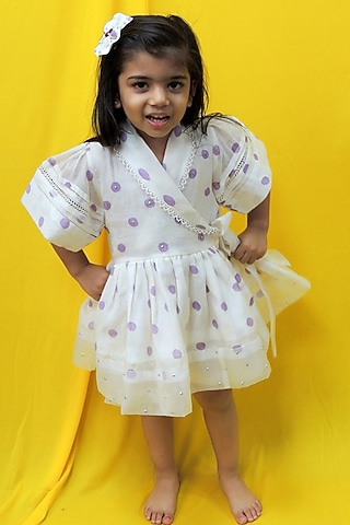 Off-White Chanderi Polka Dot Hand Block Printed Dress For Girls by Pankhuri by Priyanka - Kids