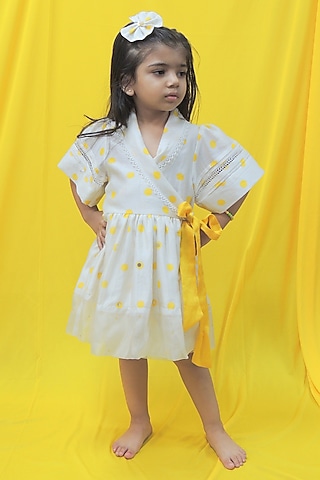 Off-White & Yellow Chanderi Polka Dot Hand Block Printed Dress For Girls by Pankhuri by Priyanka - Kids