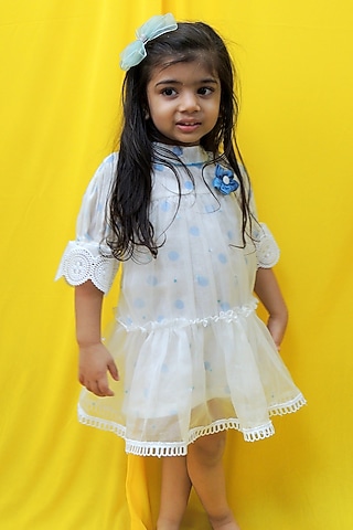 Powder Blue Mul Chanderi Hand Block Polka Dot Printed Layered Dress For Girls by Pankhuri by Priyanka - Kids