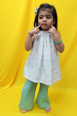 Green Mul Chanderi Flared Pant Set For Girls by Pankhuri by Priyanka - Kids
