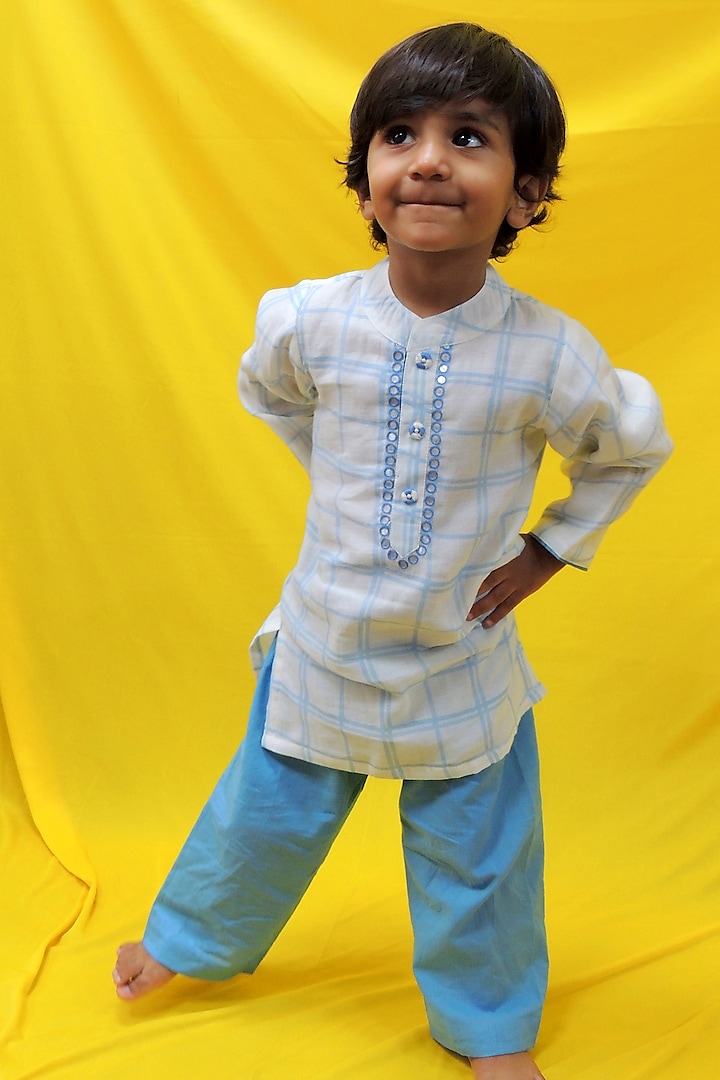 Powder Blue Pure Chanderi Hand Block Printed Kurta Set For Boys by Pankhuri by Priyanka - Kids