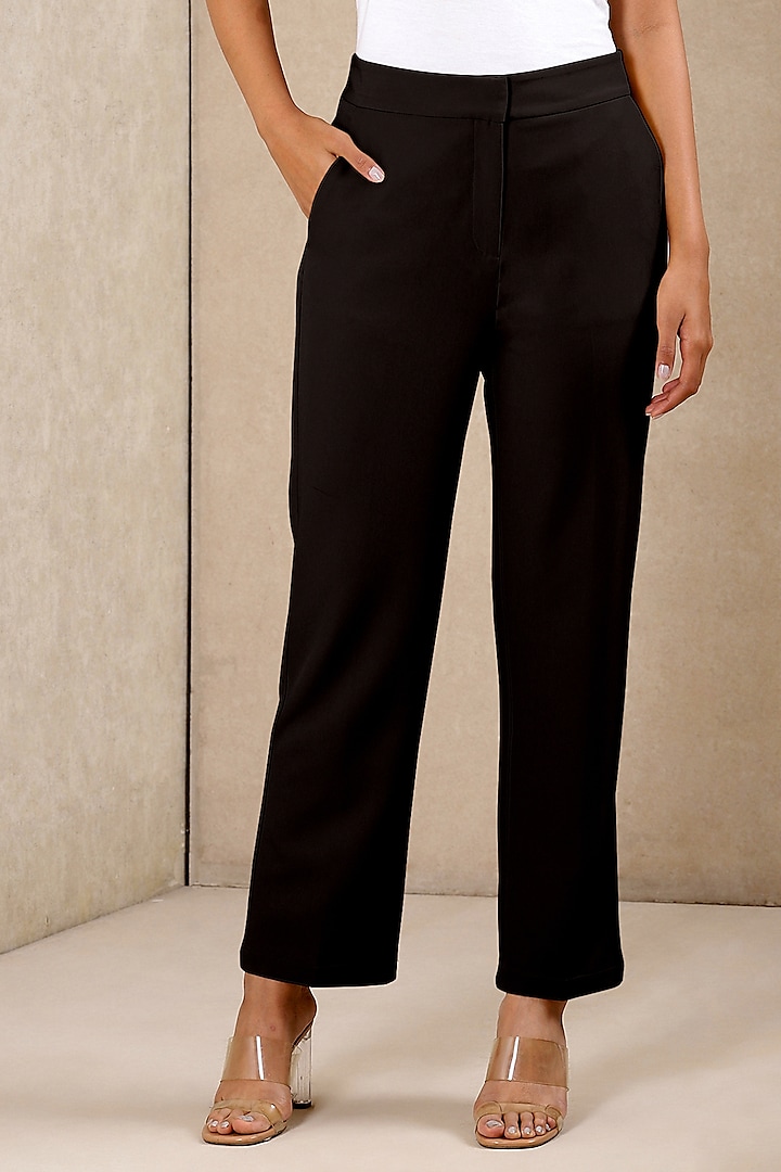 Black Polyester Spandex Straight Pants by Ritu Kumar