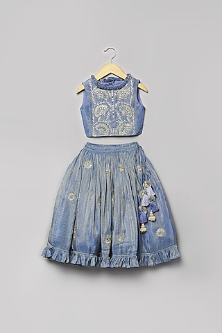 Cobalt Blue Silk Tissue Faux Mirror Embroidered Lehenga Set For Girls by Poochkie