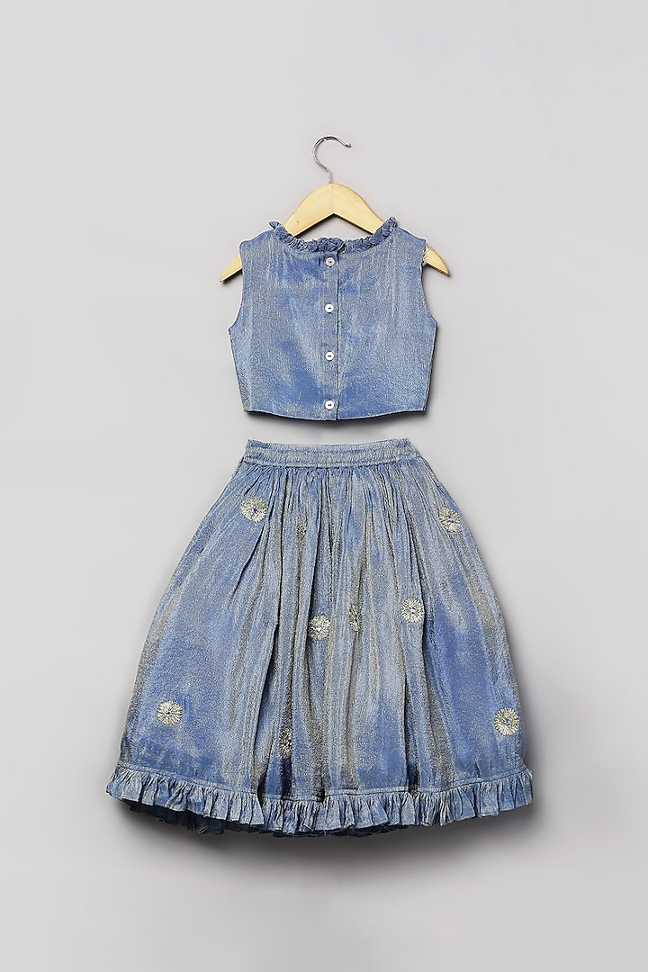 Cobalt Blue Silk Tissue Faux Mirror Embroidered Lehenga Set For Girls by Poochkie at Pernia's Pop Up Shop
