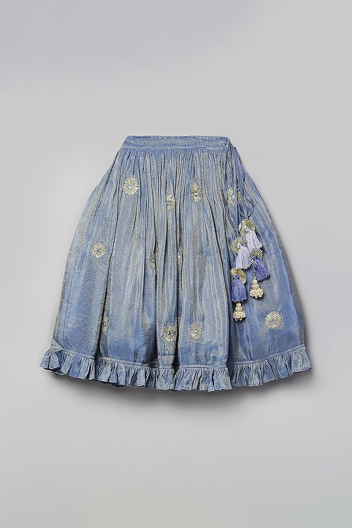 Cobalt Blue Silk Tissue Faux Mirror Embroidered Lehenga Set For Girls by Poochkie at Pernia's Pop Up Shop