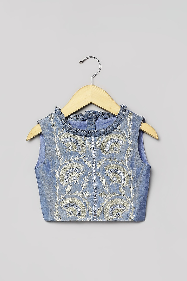 Cobalt Blue Silk Tissue Faux Mirror Embroidered Lehenga Set For Girls by Poochkie at Pernia's Pop Up Shop