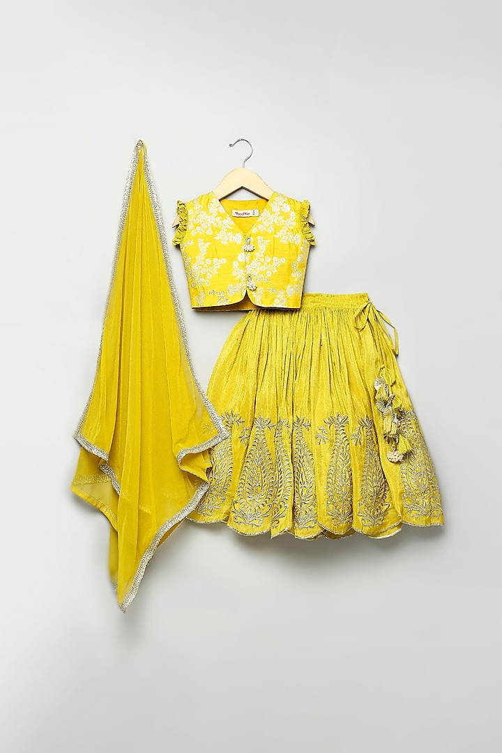 Yellow Silk Tissue Badla Embroidered Scalloped Lehenga Set For Girls by Poochkie at Pernia's Pop Up Shop