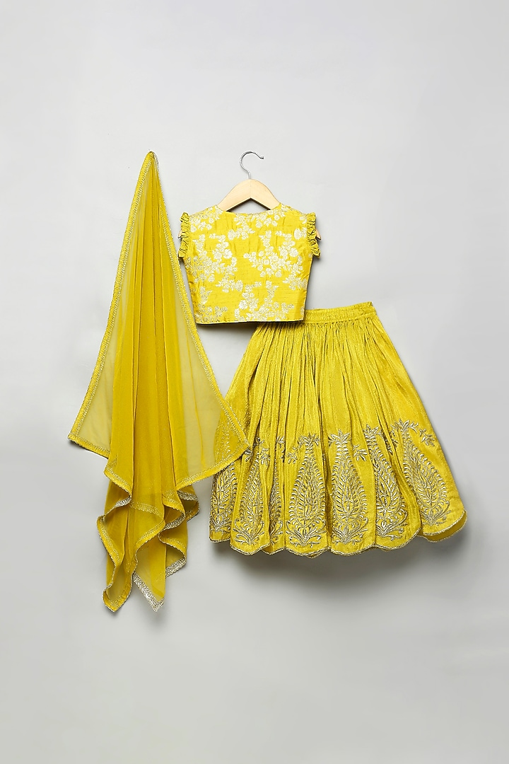 Yellow Silk Tissue Badla Embroidered Scalloped Lehenga Set For Girls by Poochkie at Pernia's Pop Up Shop