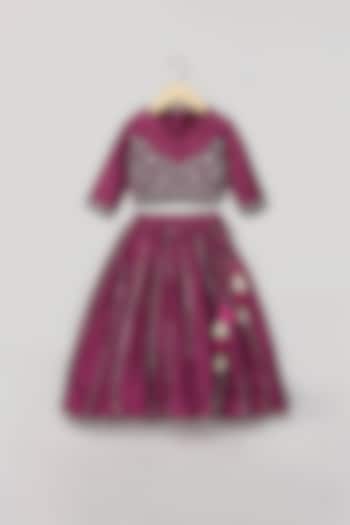 Purple Wine Viscose Silk Lace Embroidered Lehenga Set For Girls by Poochkie