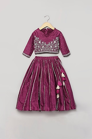 Purple Wine Viscose Silk Lace Embroidered Lehenga Set For Girls by Poochkie