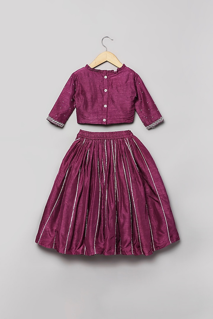 Purple Wine Viscose Silk Lace Embroidered Lehenga Set For Girls by Poochkie at Pernia's Pop Up Shop