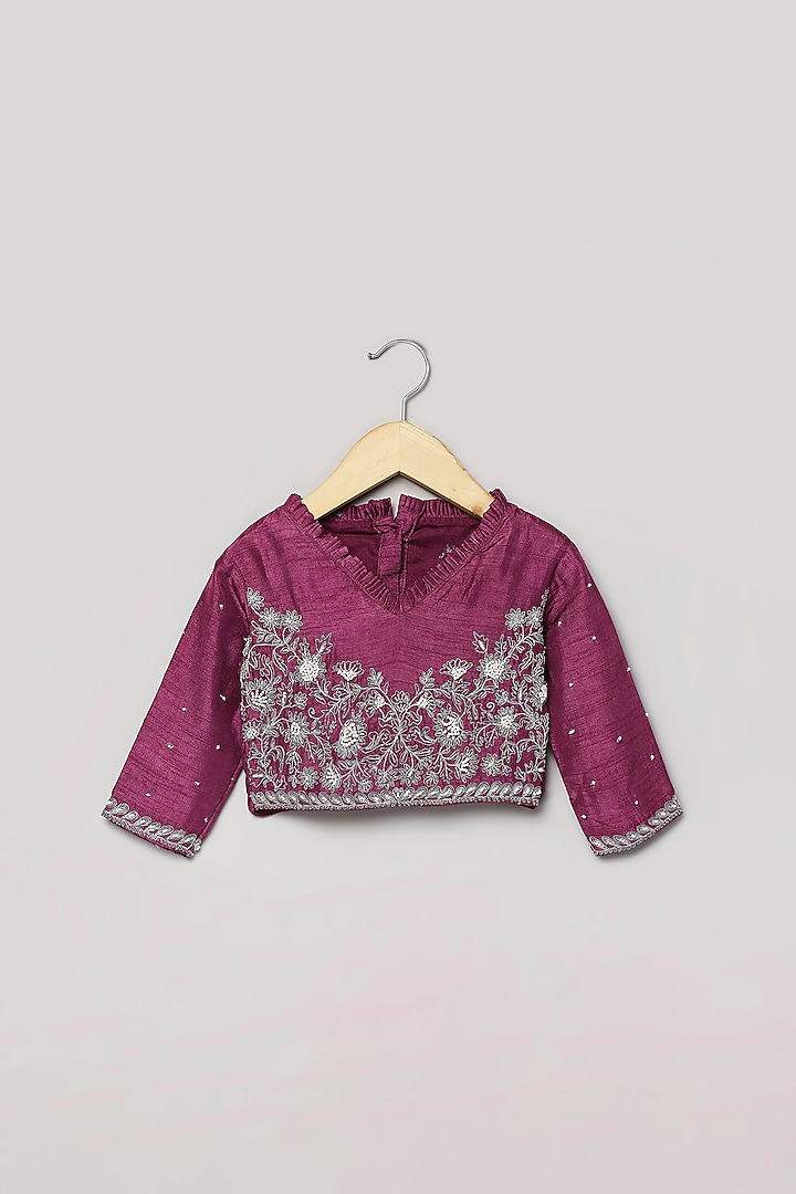 Purple Wine Viscose Silk Lace Embroidered Lehenga Set For Girls by Poochkie at Pernia's Pop Up Shop