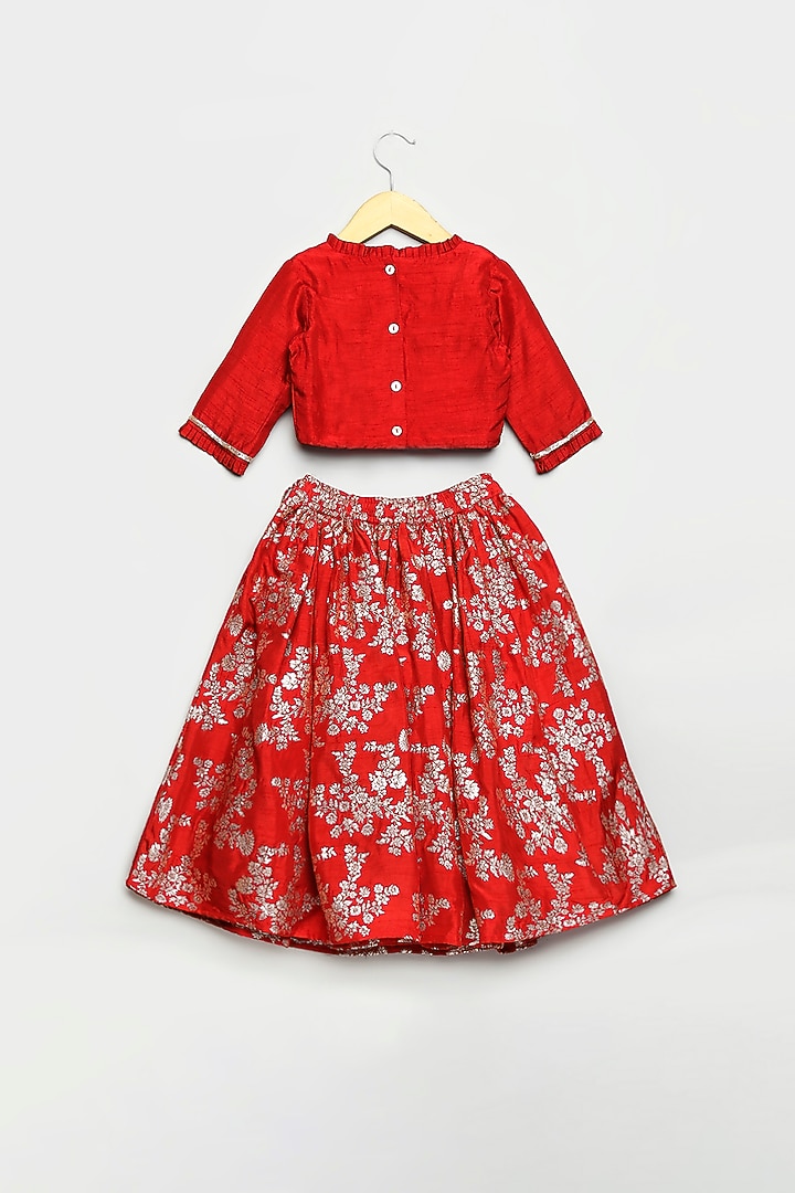 Red Brocade Lehenga Set For Girls by Poochkie at Pernia's Pop Up Shop