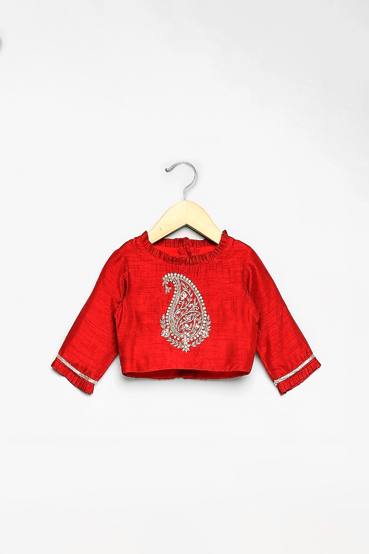 Red Brocade Lehenga Set For Girls by Poochkie at Pernia's Pop Up Shop