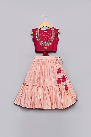 Baby Pink Viscose Jacquard Lehenga Set For Girls by Poochkie