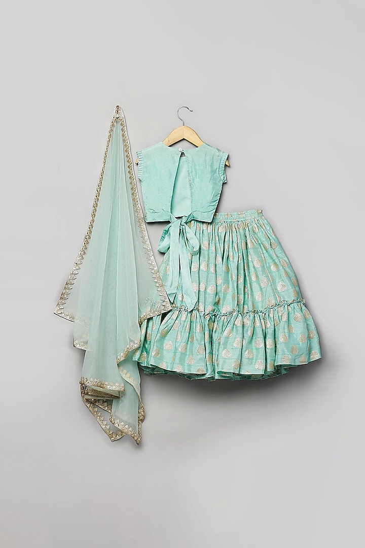 Powder Blue Viscose Jacquard Lehenga Set For Girls by Poochkie at Pernia's Pop Up Shop