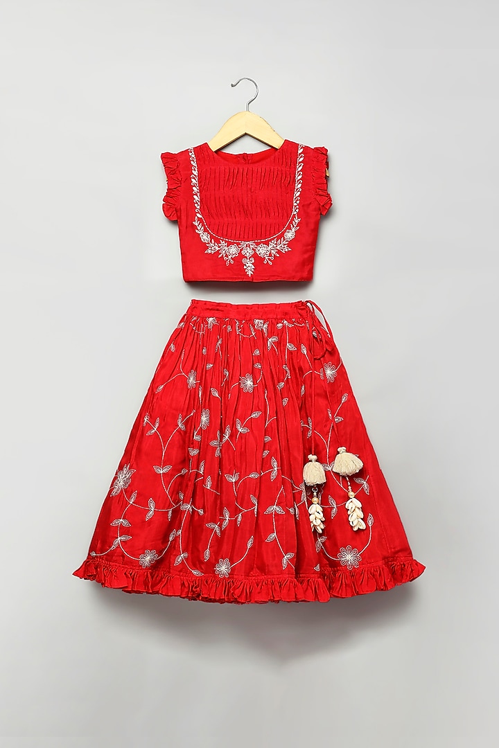 Red Viscose Muslin Embroidered Lehenga Set For Girls by Poochkie