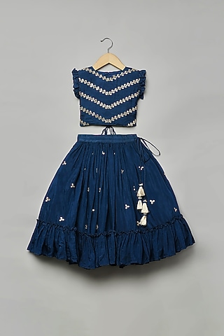 Blue Viscose Silk Hand Embroidered Lehenga Set For Girls by Poochkie
