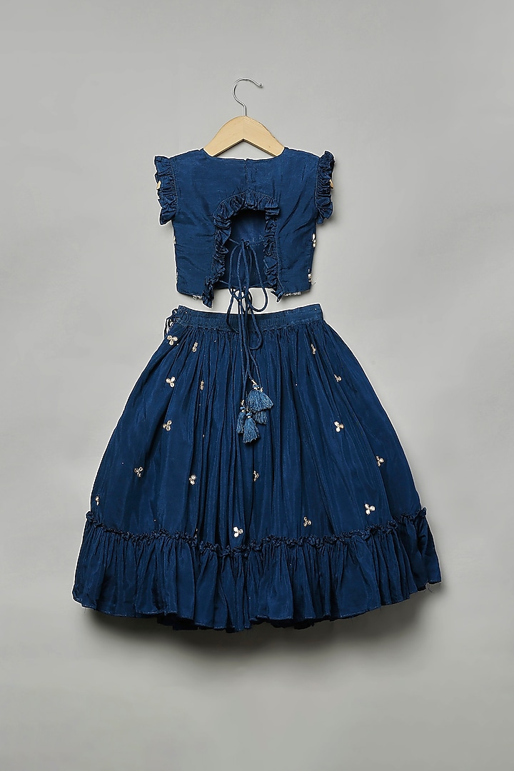 Blue Viscose Silk Hand Embroidered Lehenga Set For Girls by Poochkie at Pernia's Pop Up Shop
