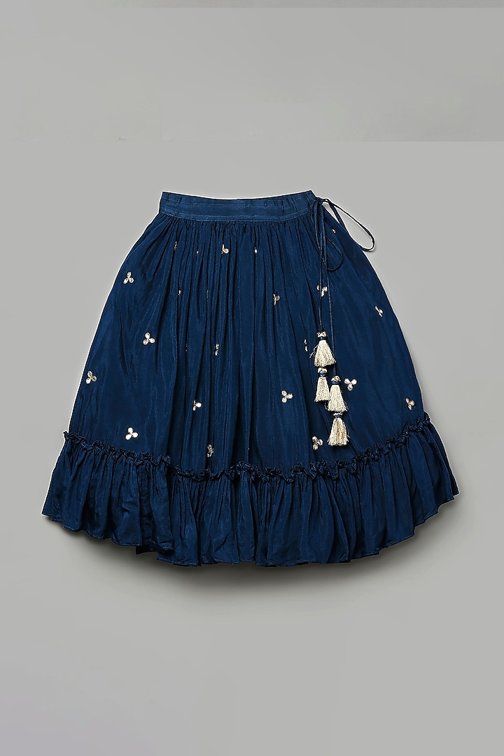 Blue Viscose Silk Hand Embroidered Lehenga Set For Girls by Poochkie at Pernia's Pop Up Shop
