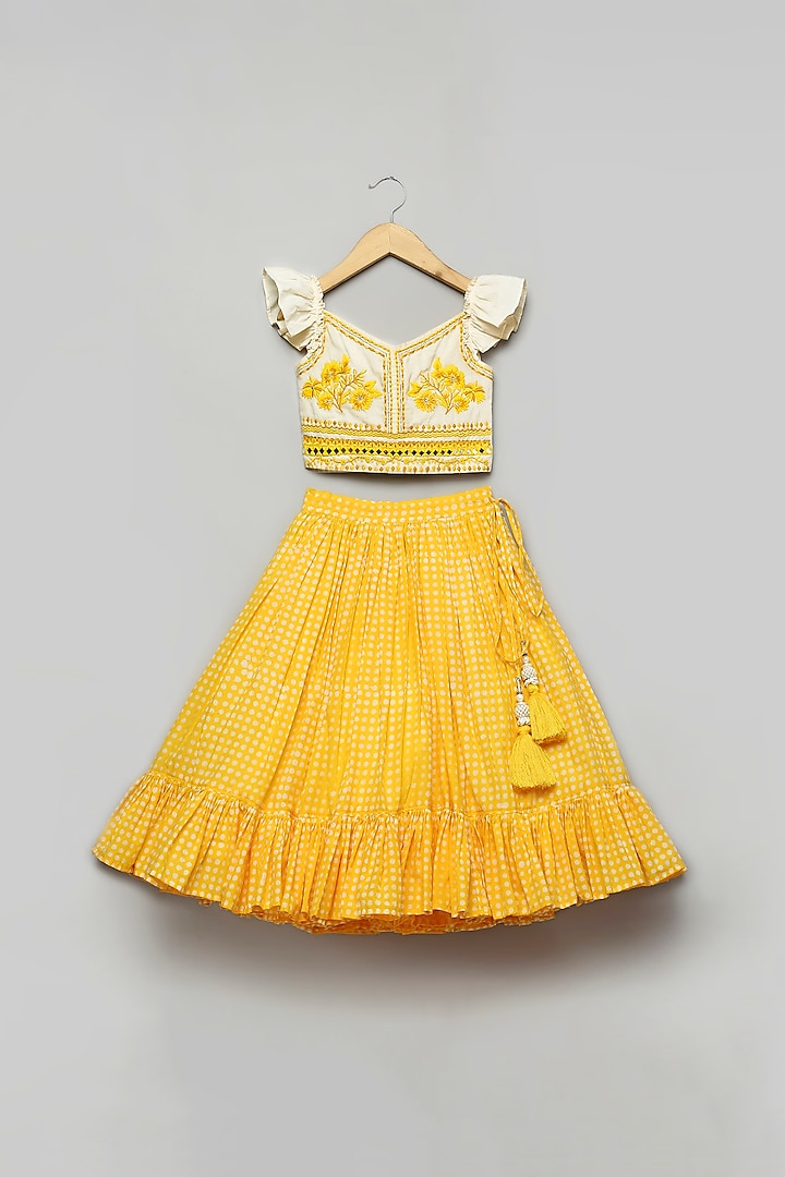 Yellow Pure Cotton Hand Block Printed Lehenga Set For Girls by Poochkie