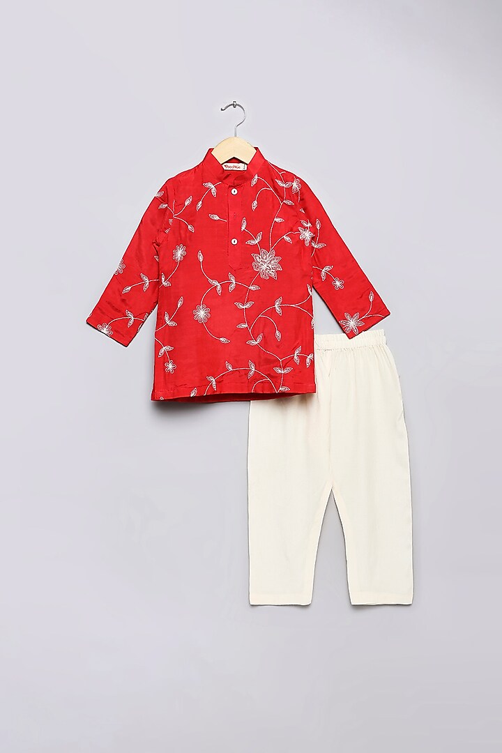 Red Viscose Muslin Embroidered Kurta Set For Boys by Poochkie