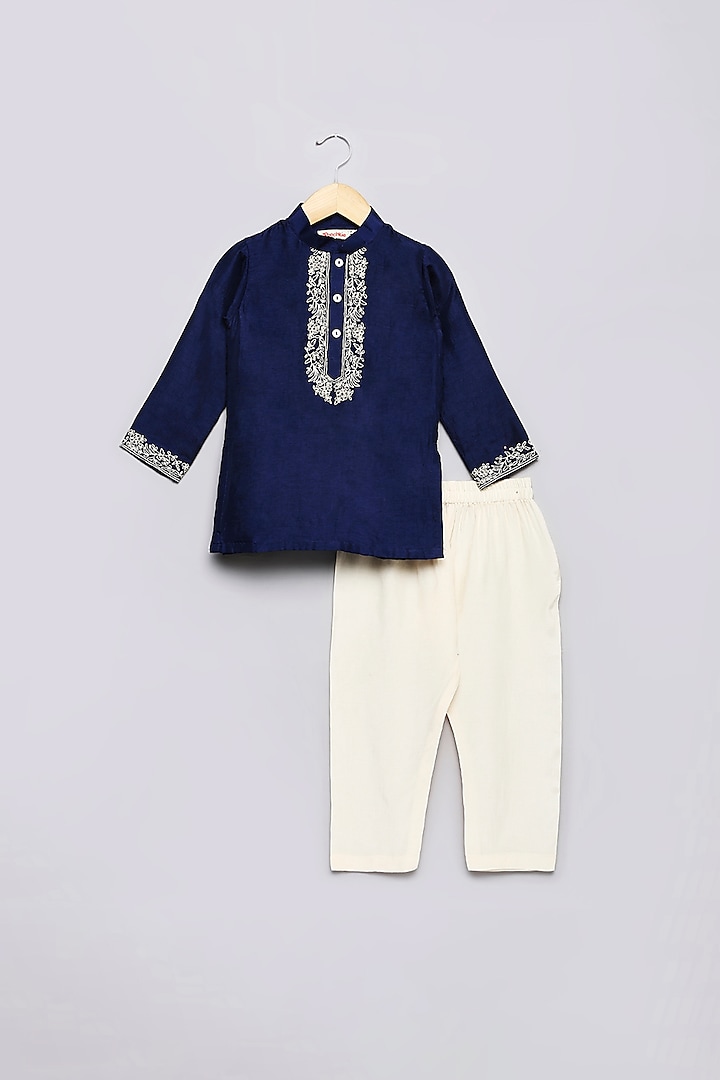 Midnight Blue Viscose Muslin Embroidered Kurta Set For Boys by Poochkie