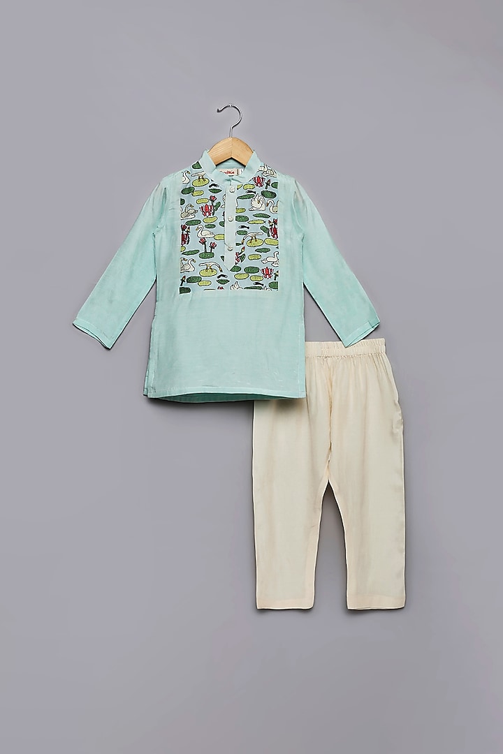 Baby Blue Viscose Muslin Thread Embroidered Kurta Set For Boys by Poochkie