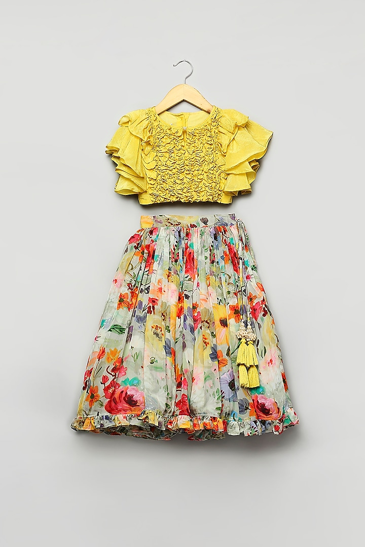 Multi-Colored Silk Tissue Printed Frilled Lehenga Set For Girls by Poochkie