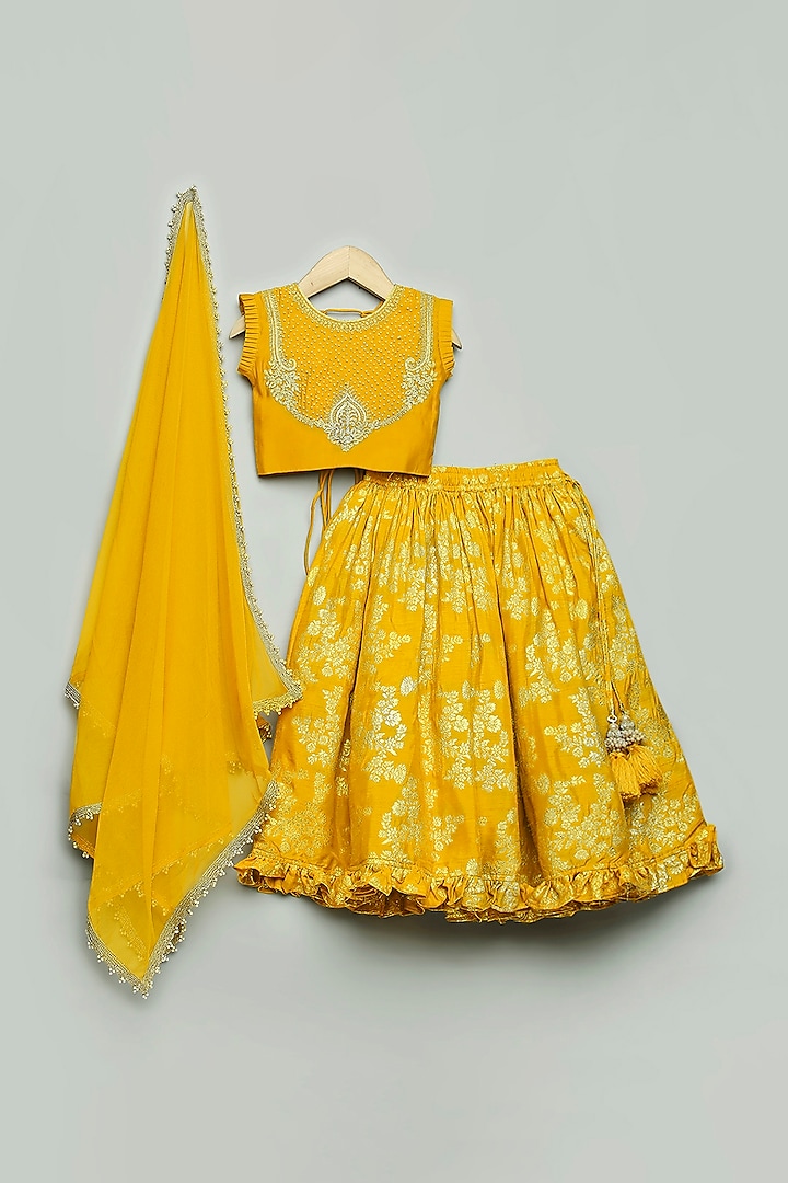 Mustard Jacquard Silk Dori & Moti Work Lehenga Set For Girls by Poochkie at Pernia's Pop Up Shop