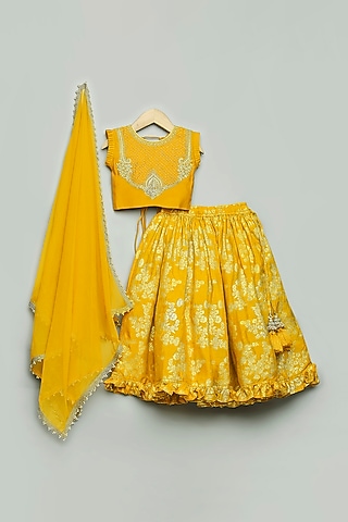 Mustard Jacquard Silk Dori & Moti Work Lehenga Set For Girls by Poochkie