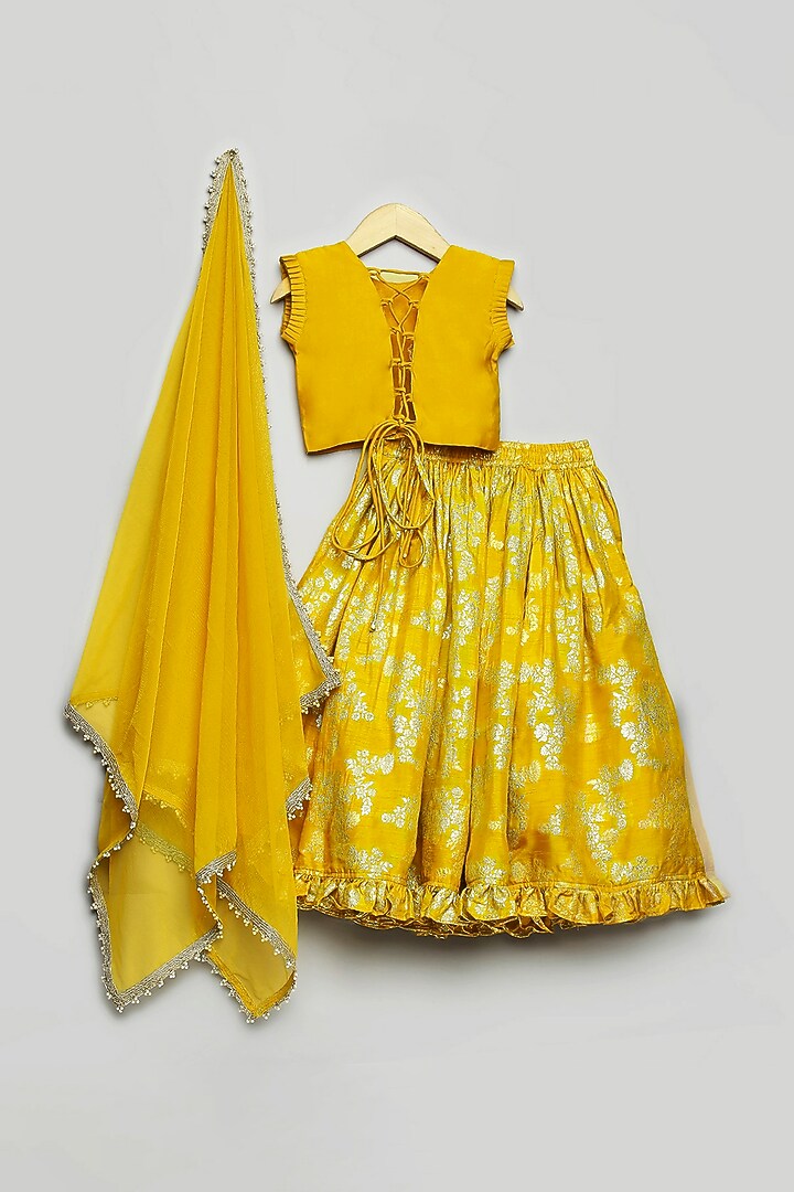 Mustard Jacquard Silk Dori & Moti Work Lehenga Set For Girls by Poochkie at Pernia's Pop Up Shop